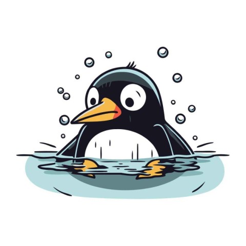 Cute cartoon penguin swimming in the water. Vector illustration.