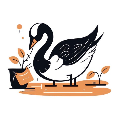 Vector illustration of a black swan with a flower in a pot.