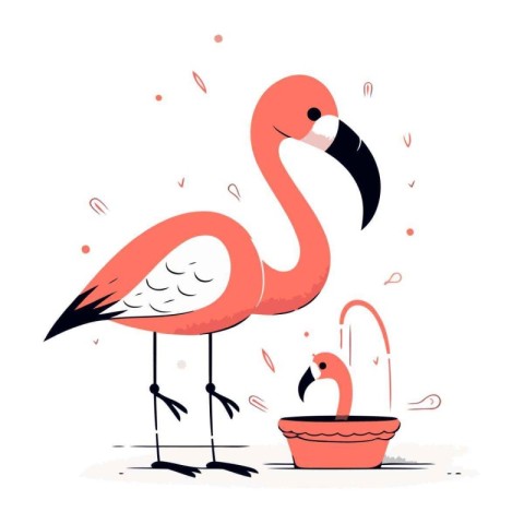 Flamingo bird with a basket of food. Vector illustration.