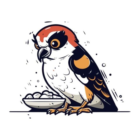 Sparrow with bowl of food. Hand drawn vector illustration.