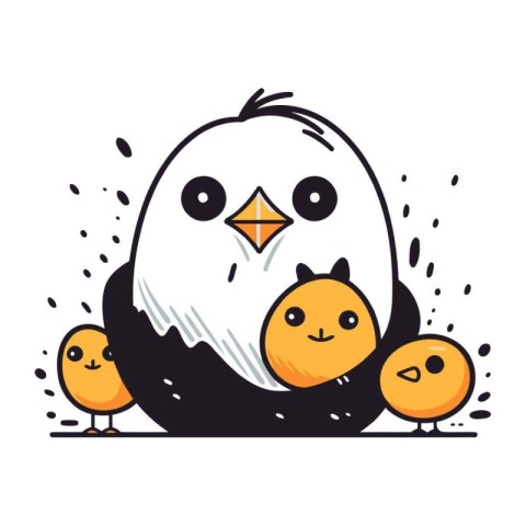 Cute cartoon chicken with chicks. Vector illustration on white b