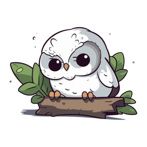 Cute owl sitting on a branch with leaves. Vector illustration.