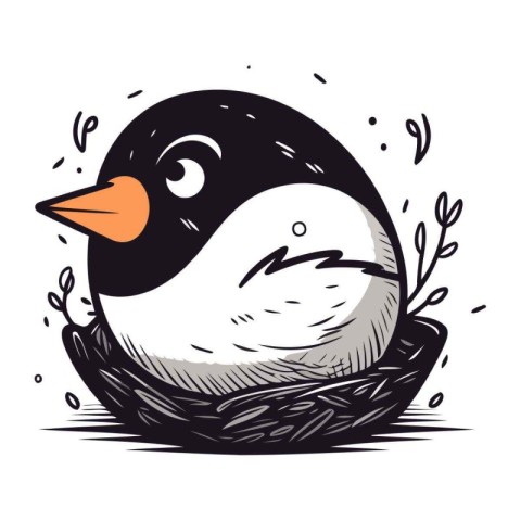 Cute penguin in the nest. Hand drawn vector illustration.