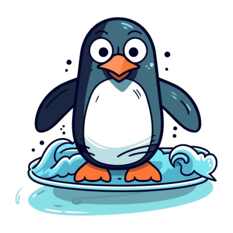 Penguin with surfboard. Cute cartoon vector illustration.