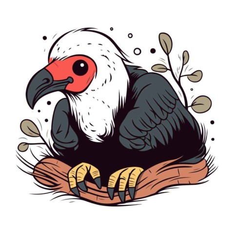 Cute cartoon vulture sitting on the branch. Vector illustration.