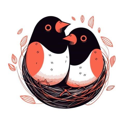 Vector illustration of a couple of birds in a nest with leaves.