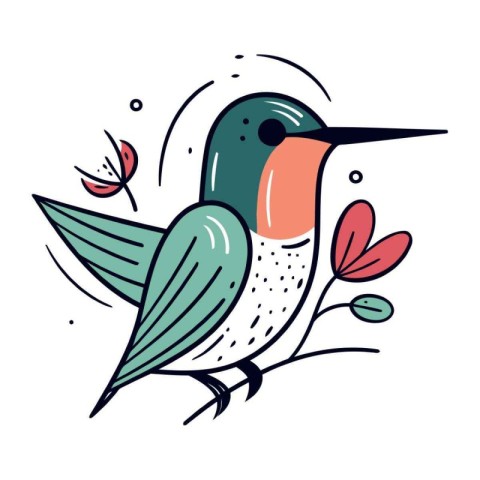 Cute cartoon hummingbird with flowers. Hand drawn vector illustr