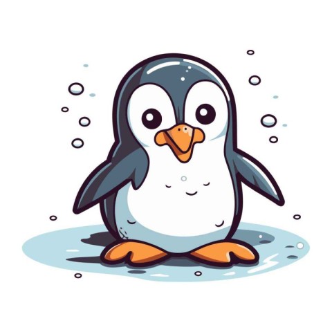 Cute cartoon penguin sitting on the ice. Vector illustration.