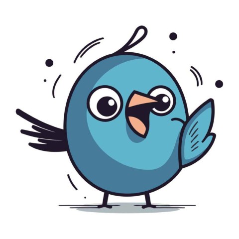 Cute cartoon blue bird with eyes and wings. Vector illustration.