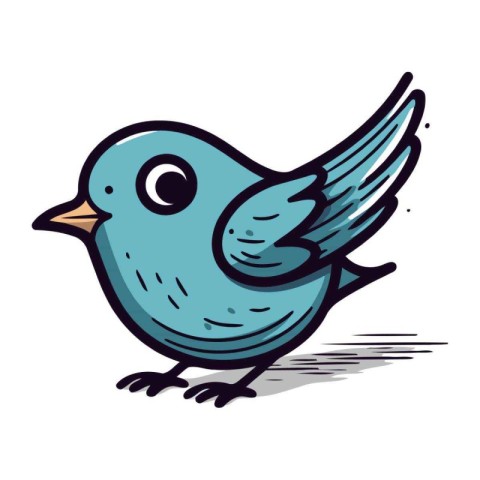 Hand drawn cute blue bird. Vector illustration isolated on white