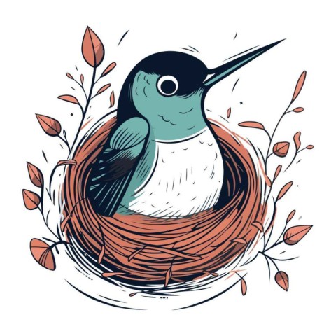 Vector hand drawn illustration of a bird in a nest with leaves.