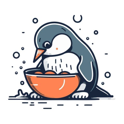 Cute penguin with bowl of food. Vector illustration in line styl