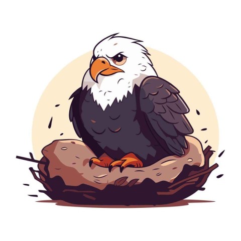 Bald eagle sitting in nest. Vector illustration in cartoon style