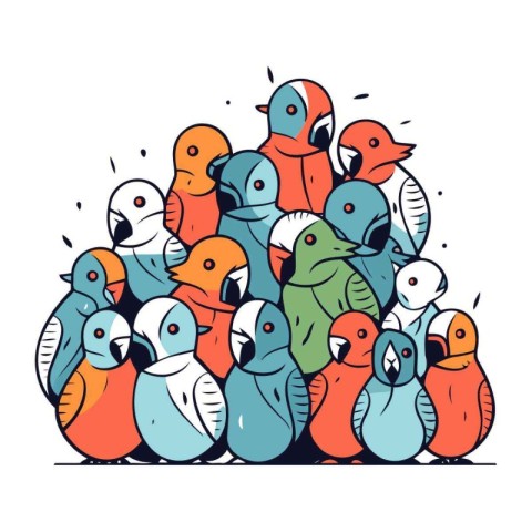 Cartoon vector illustration of group of cute funny birds. Hand d