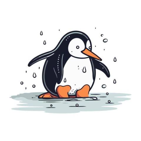 Cute penguin sitting on ice. Hand drawn vector illustration.