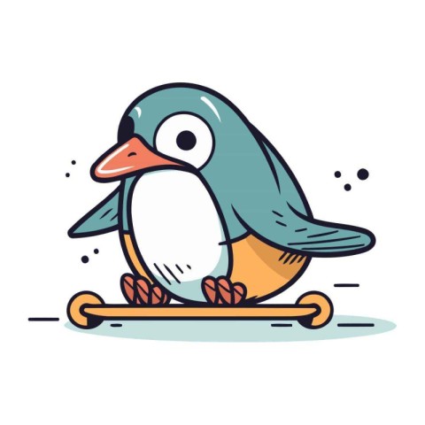 Cute cartoon penguin on skateboard. Vector illustration in a fla