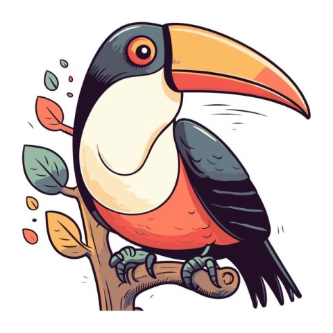 Cute cartoon toucan sitting on a tree branch. Vector illustratio