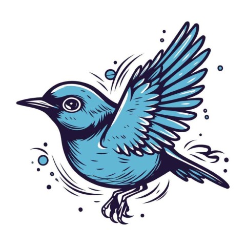 Vector illustration of blue bird on white background. Hand drawn