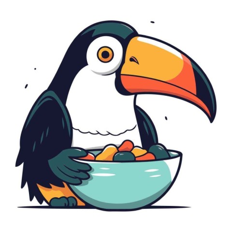 Cute cartoon toucan with bowl of food. Vector illustration.