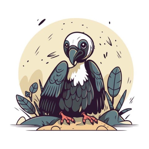 Vector illustration of a vulture sitting on the rock. Cartoon st