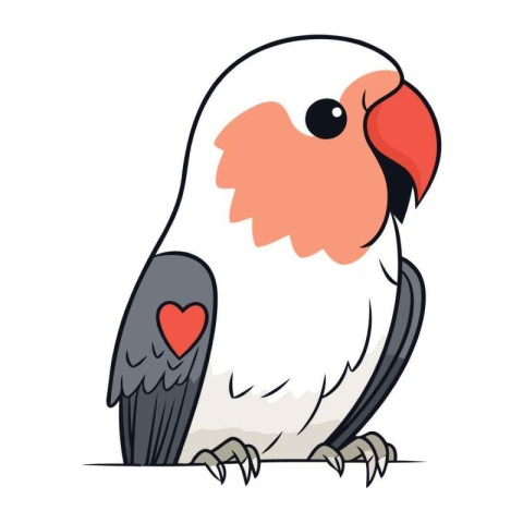 Cute parrot with red heart on its beak. Vector illustration.