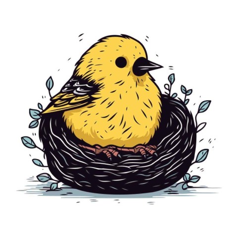 Cute little chick in the nest. Hand drawn vector illustration.