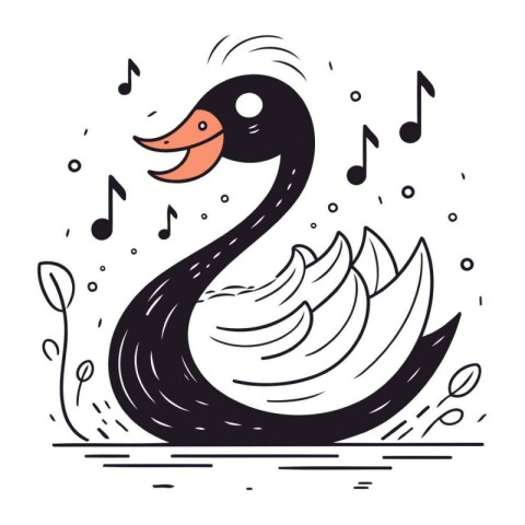 Swan with musical notes. Vector illustration in doodle style.