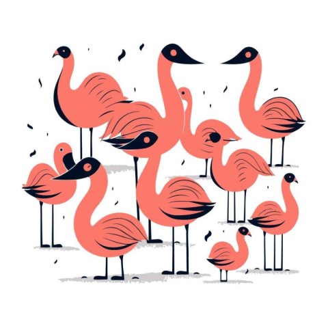 Flamingo family. Hand drawn vector illustration in cartoon style