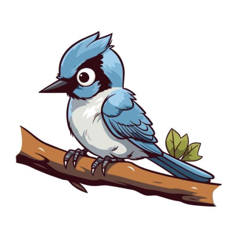 Cartoon blue tit bird sitting on a branch. Vector illustration.