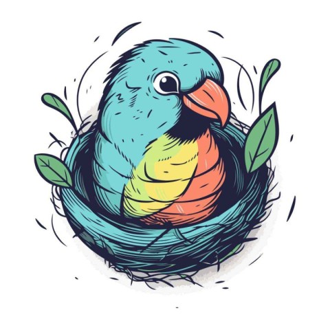 Hand drawn vector illustration of a parrot in the nest with leav