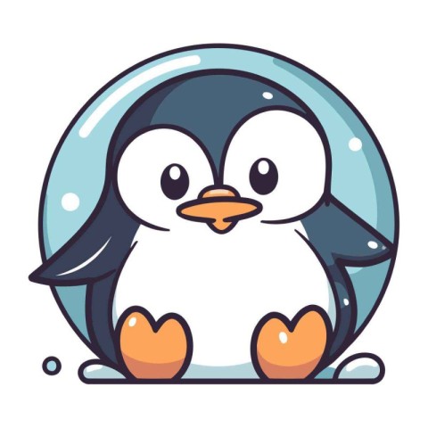 Cute cartoon penguin in a blue circle. Vector illustration.