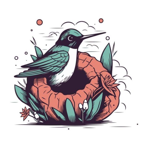 Hand drawn vector illustration of a little bird sitting in a nes