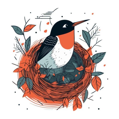 Vector illustration of a bird in the nest. Hand drawn style.