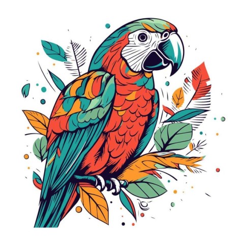 Hand drawn vector illustration of colorful parrot with tropical