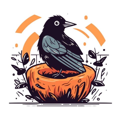 Crow sitting in a flower pot. Hand drawn vector illustration.