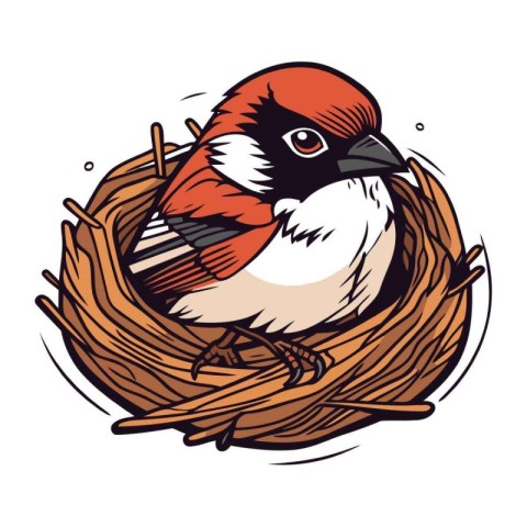 Vector illustration of a bullfinch bird sitting in a nest.