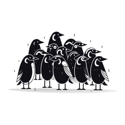 Group of penguins. Black and white vector illustration isolated