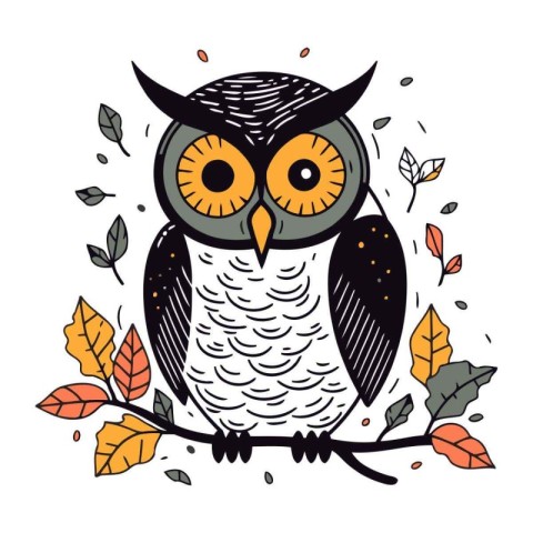 Cute owl with autumn leaves. Vector illustration in cartoon styl