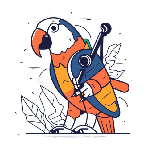 Parrot with a fishing rod. Vector illustration in linear style.