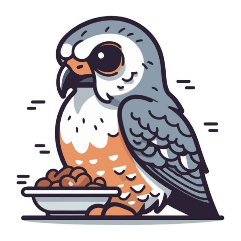 Illustration of a cute bird with a bowl of dry food.