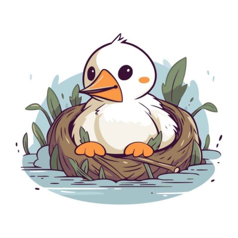 Vector illustration of a cute cartoon baby penguin in a nest.