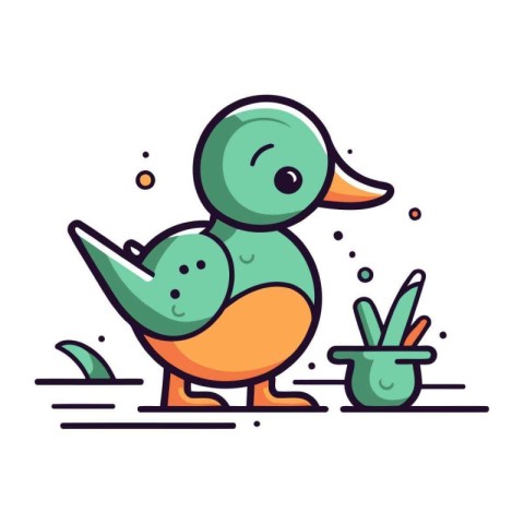 Duck with a pot of water. Vector illustration in flat style.