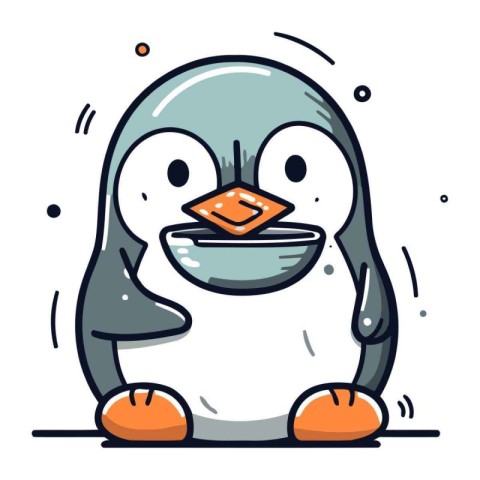 Cute penguin holding a plate of food. Vector illustration.