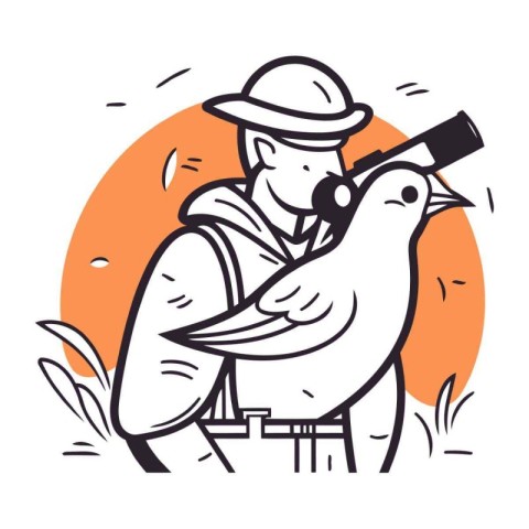 Bird hunter with spyglass. Vector illustration in line art style