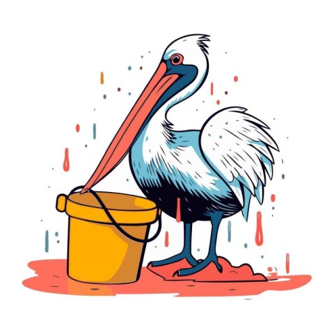 Pelican with bucket on a white background. Vector illustration.