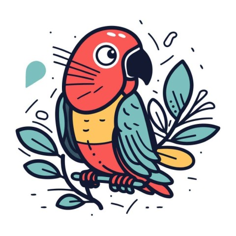 Cute parrot with leaves. Vector illustration in doodle style.