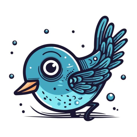 Cute blue bird with big eyes on white background. Vector illustr