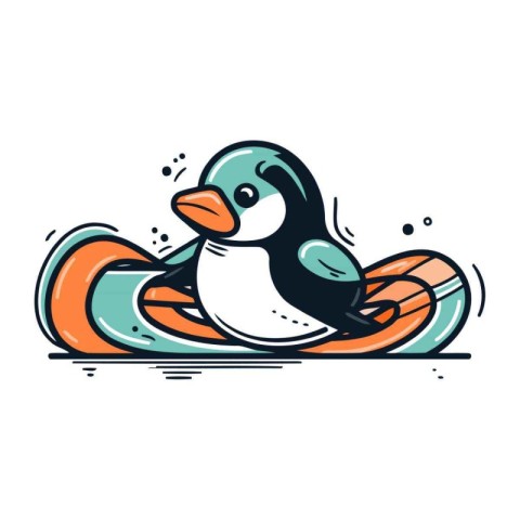 Cute penguin on inflatable ring. Vector illustration in cartoon