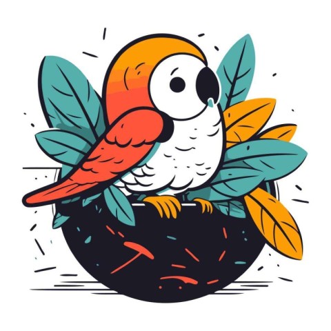 Cute cartoon parrot sitting on the nest. Vector illustration.