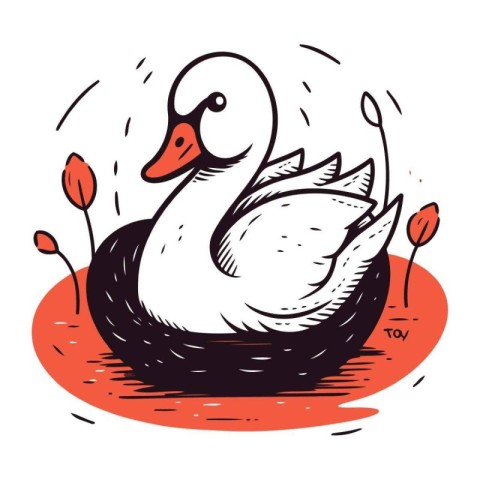 Swan on the lake. Vector illustration in doodle style.